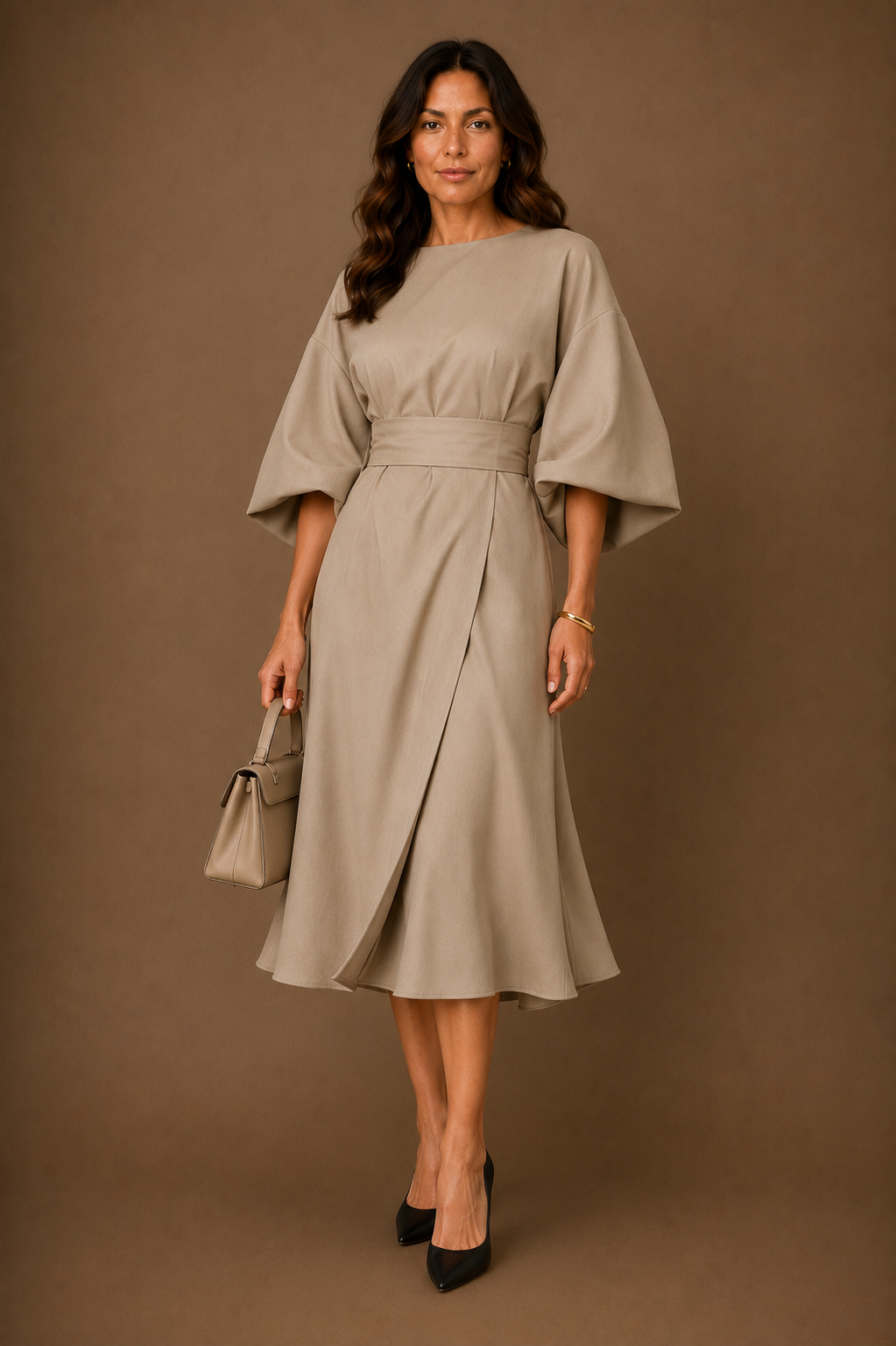 Women's Elegant Fitted Midi Dress Belted Wrap Skirt With Puff Sleeves