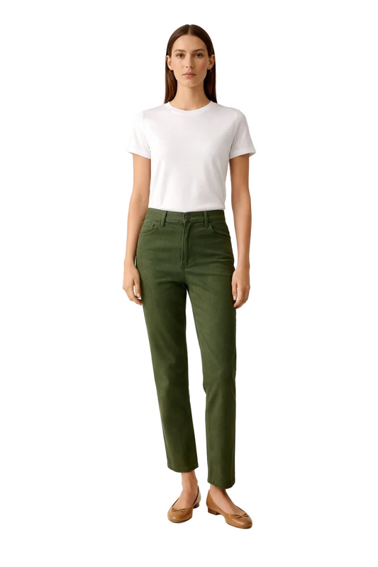 Olive Green Straight-Leg Pants with Cropped Length