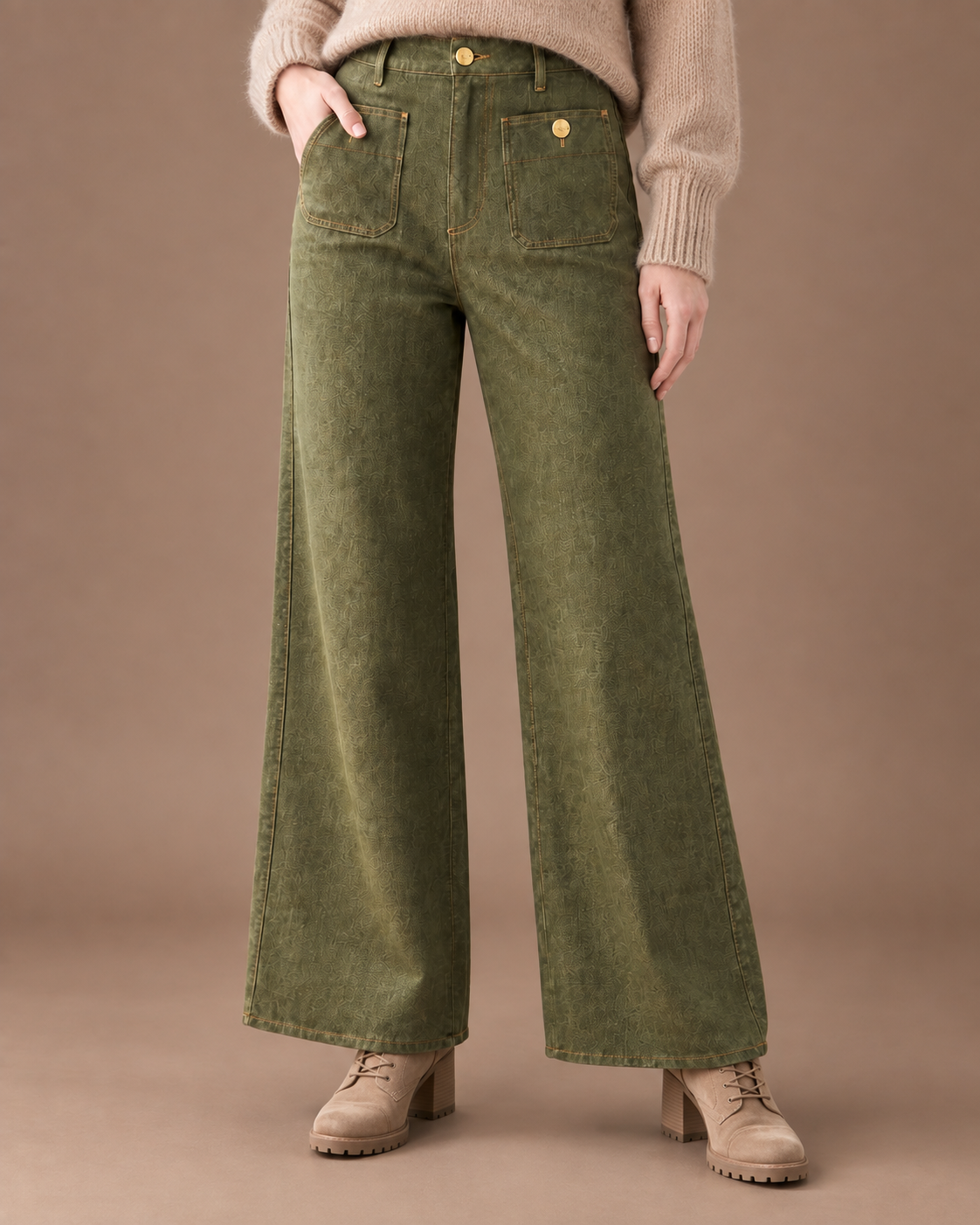 Women's High Waisted Jeans with Front Pockets - Wide Leg Denim Trousers