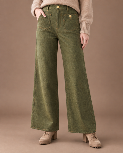 Women's High Waisted Jeans with Front Pockets - Wide Leg Denim Trousers
