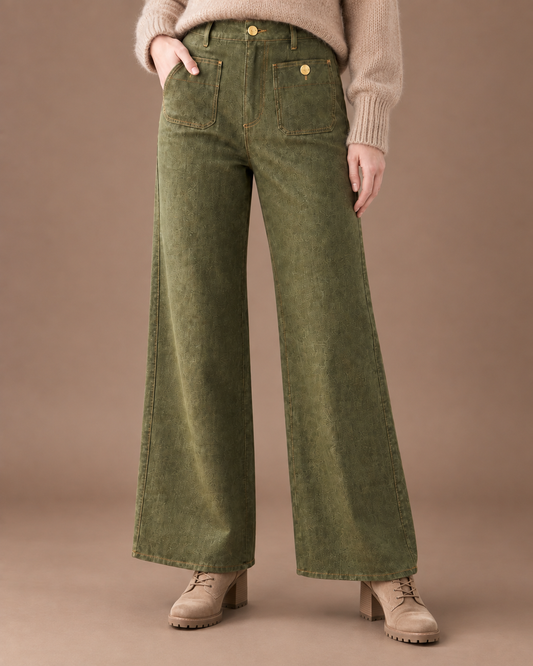 Women's High Waisted Jeans with Front Pockets - Wide Leg Denim Trousers