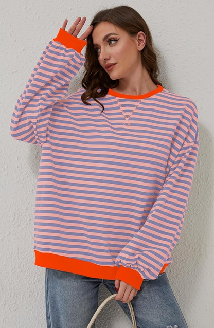 Oversized Striped Sweatshirt with Contrast Trim and Drop Shoulders