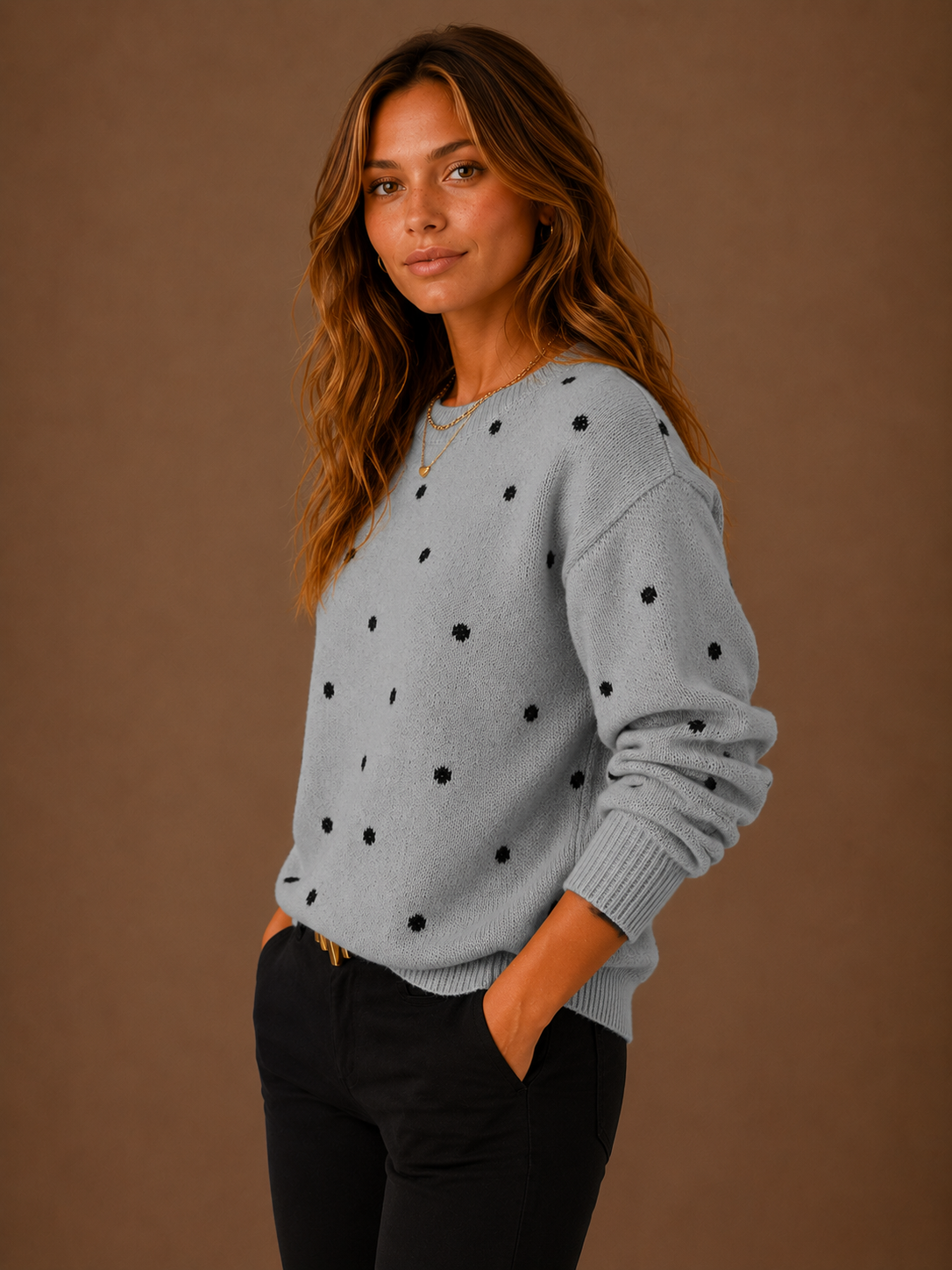 Women's Polka Dot Knit Sweater - Crew Neck Spotty Jumper