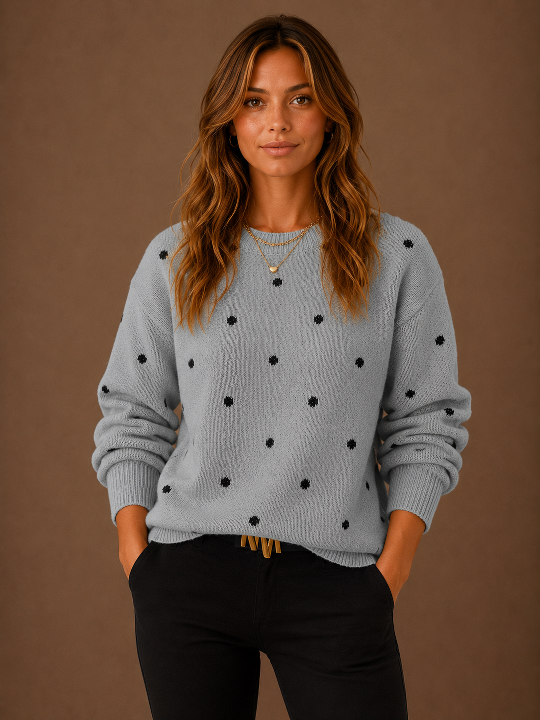 Women's Polka Dot Knit Sweater - Crew Neck Spotty Jumper