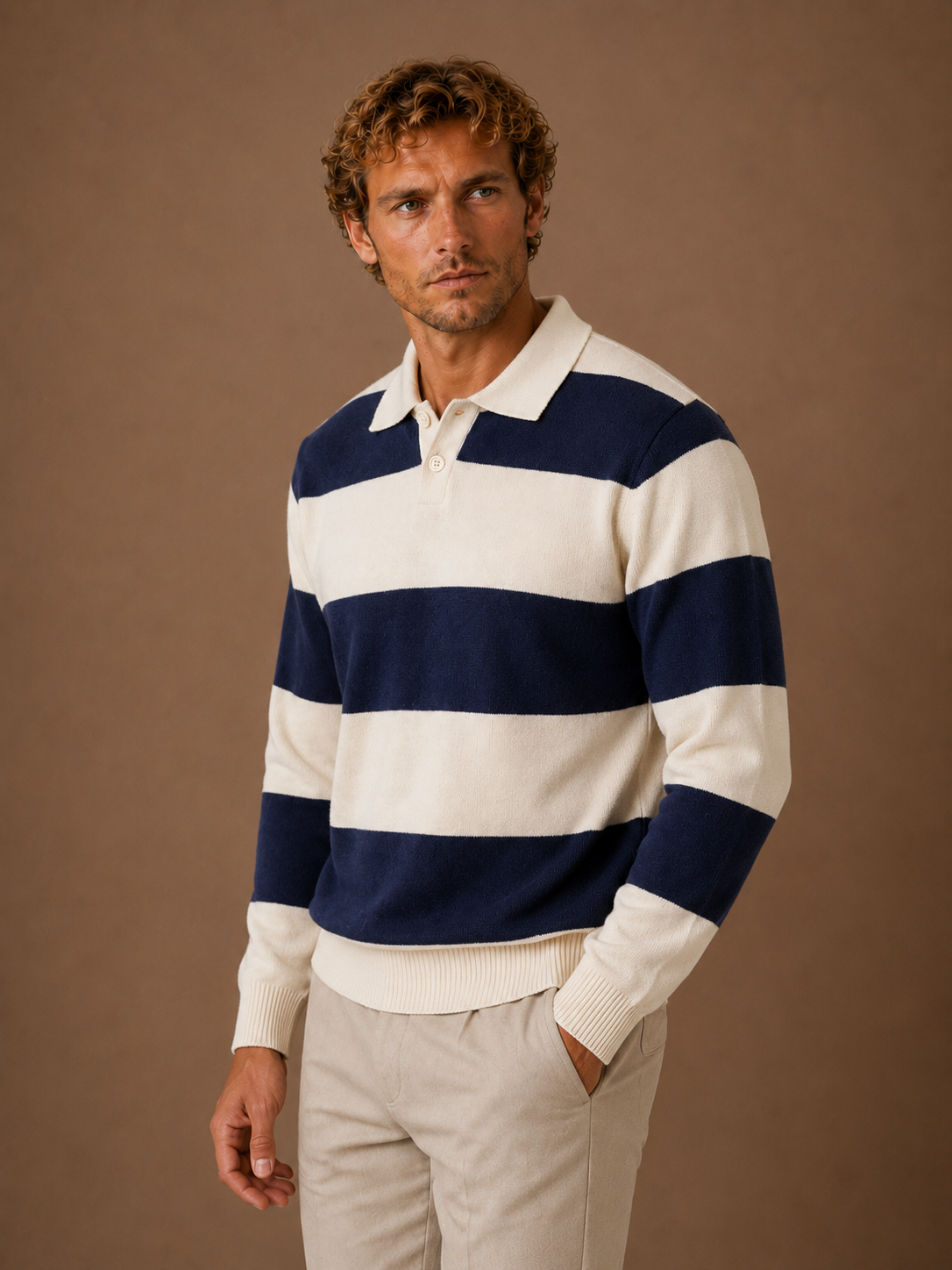 Men’s Striped Knit Polo Sweater Long Sleeve Shirt Top