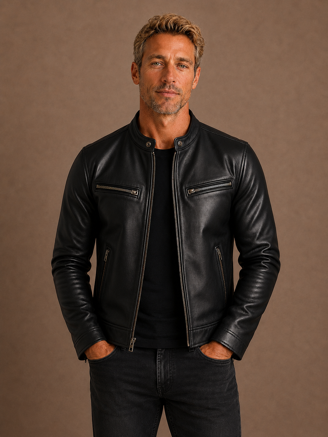 Men's Vintage Leather Bomber Jacket Fitted Biker Coat