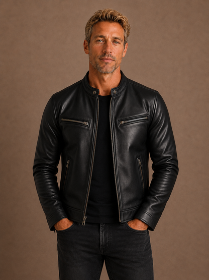 Men's Vintage Leather Bomber Jacket Fitted Biker Coat