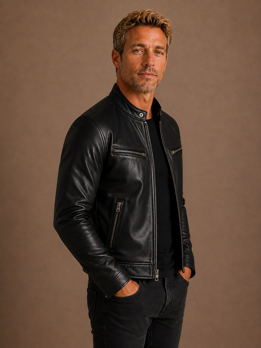 Men's Vintage Leather Bomber Jacket Fitted Biker Coat