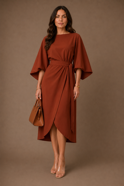Women's Elegant Fitted Midi Dress Belted Wrap Skirt With Puff Sleeves