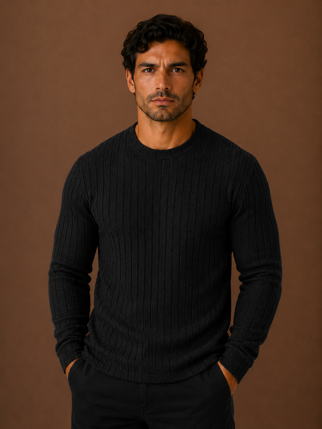Men's Ribbed Knit Sweater - Fitted Knitted Crew Neck Jumper
