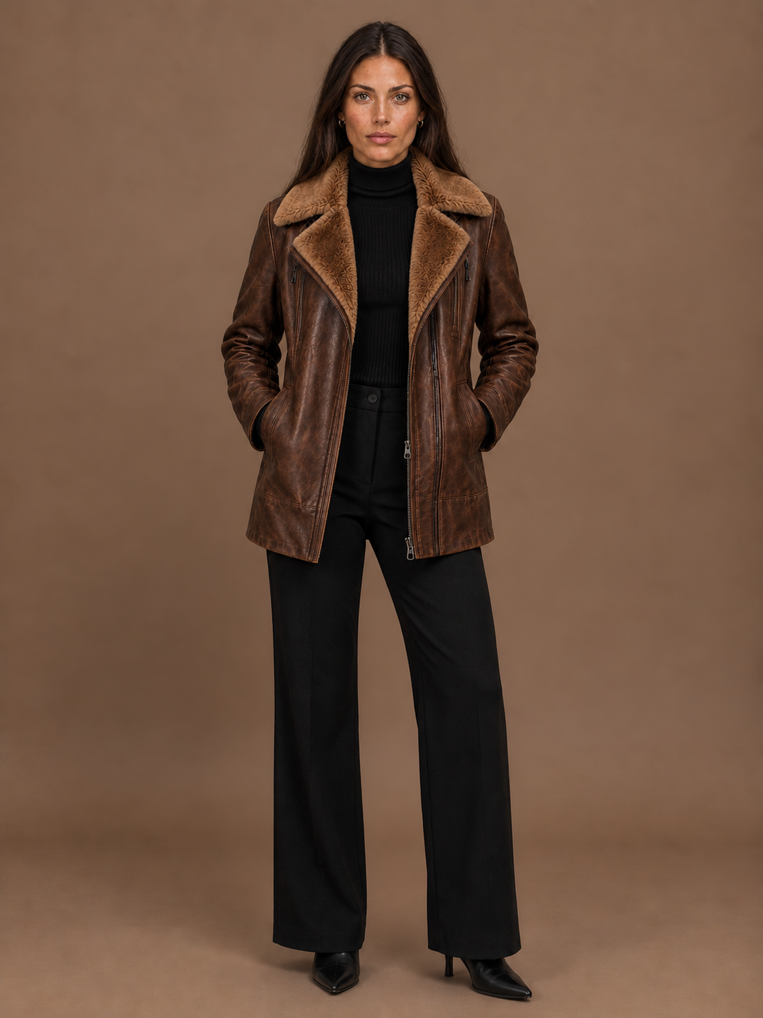 Women's Leather Aviator Jacket with Shearling Fur Collar - Brown Zip Front Winter Coat