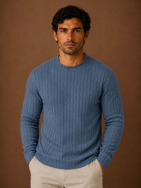 Men's Ribbed Knit Sweater - Fitted Knitted Crew Neck Jumper
