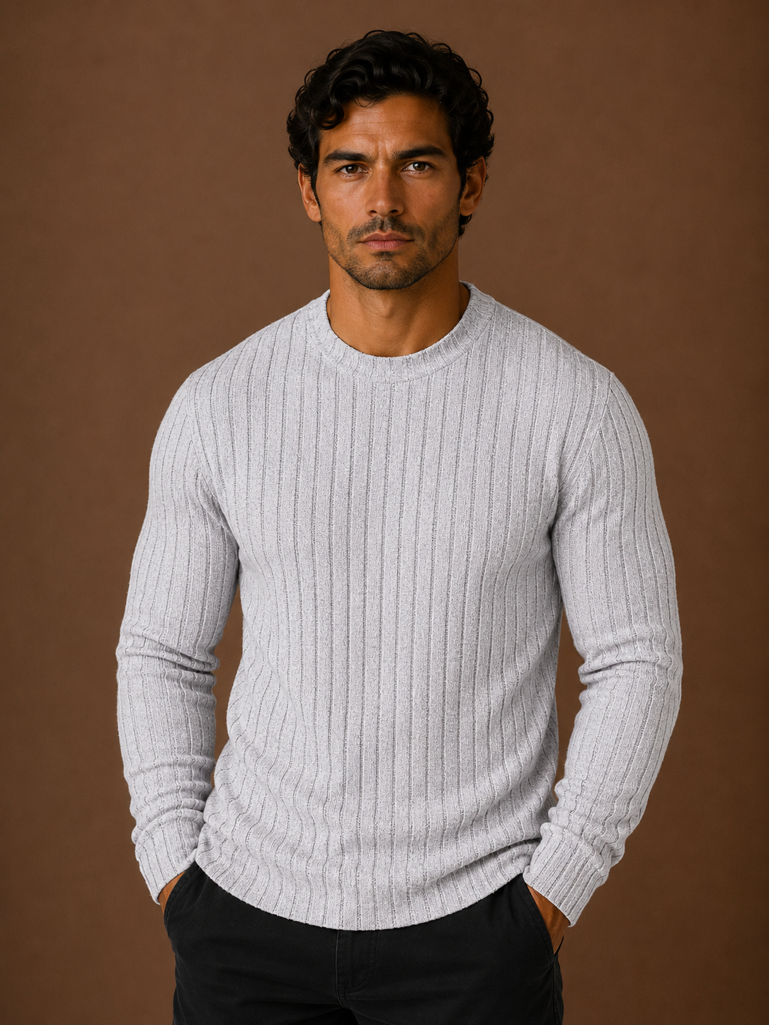 Men's Ribbed Knit Sweater - Fitted Knitted Crew Neck Jumper
