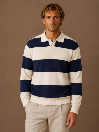 Men’s Striped Knit Polo Sweater Long Sleeve Shirt Top