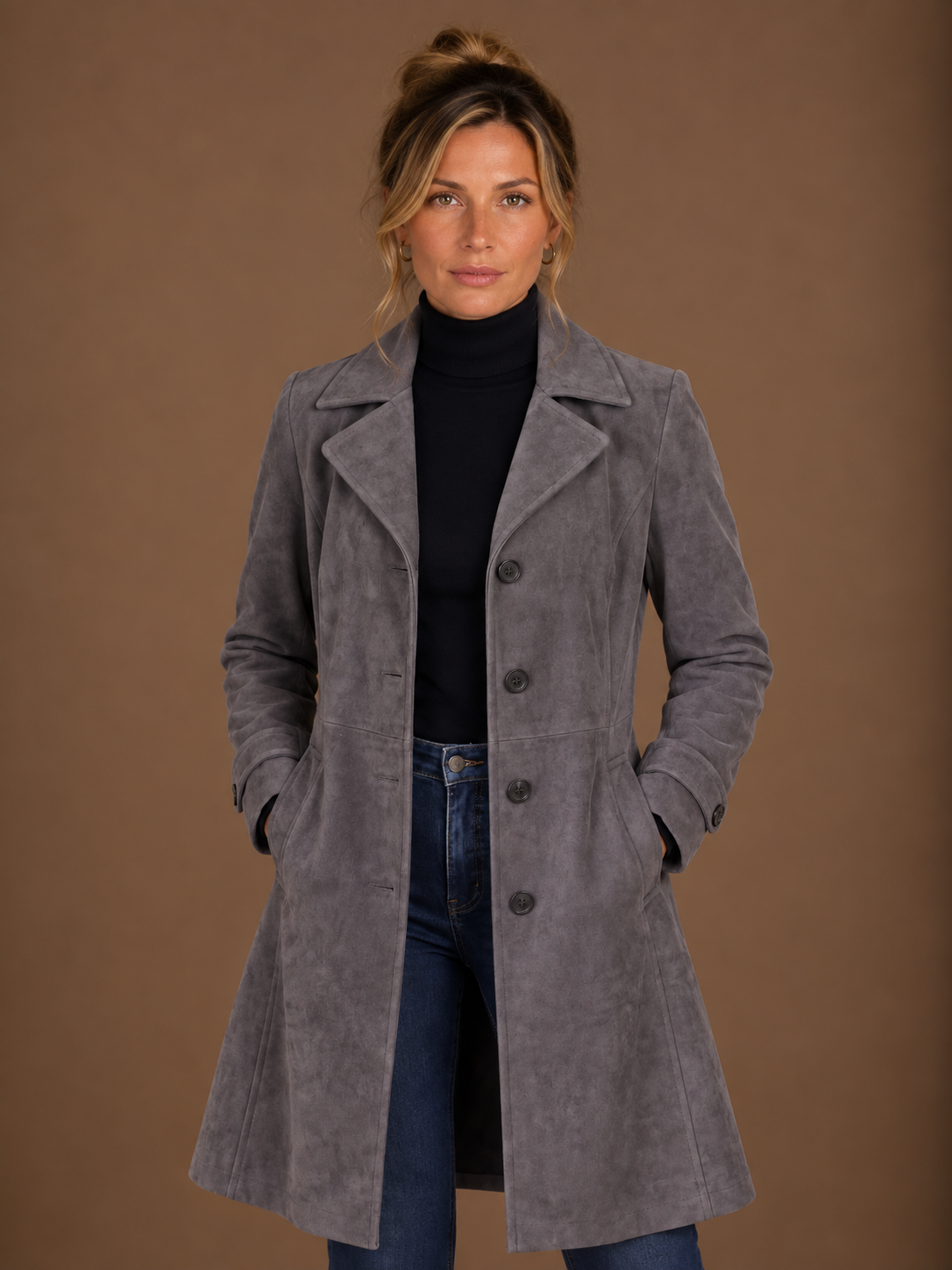 Women's Vintage Suede Longline Coat - Long Button Up Trench Jacket