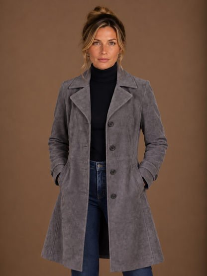 Women's Vintage Suede Longline Coat - Long Button Up Trench Jacket