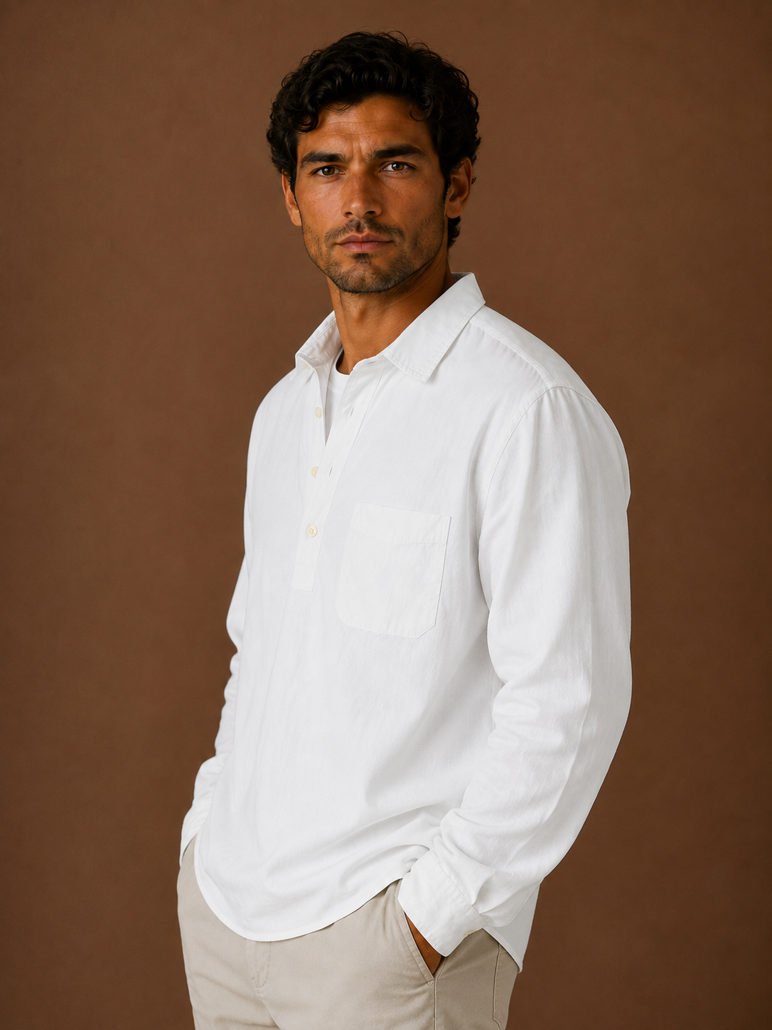 Men's Popover Shirt Cotton Linen Blend Half Button Chest Pocket Relaxed
