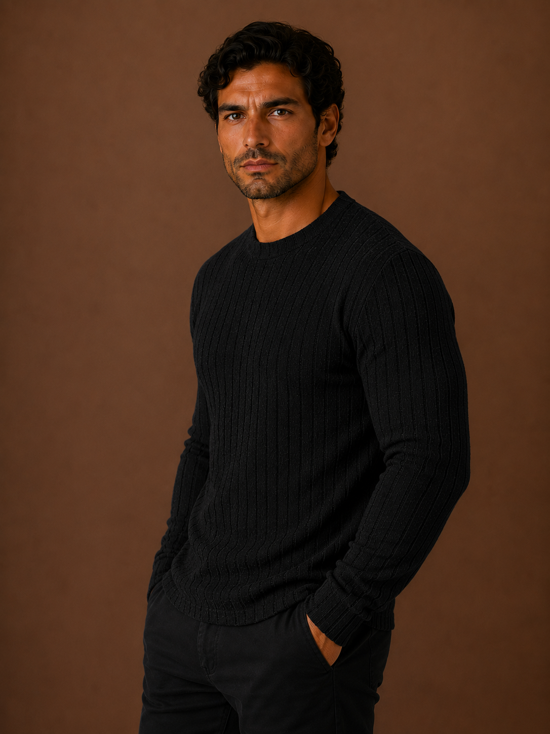 Men's Ribbed Knit Sweater - Fitted Knitted Crew Neck Jumper