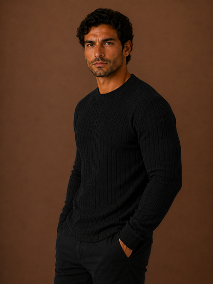 Men's Ribbed Knit Sweater - Fitted Knitted Crew Neck Jumper