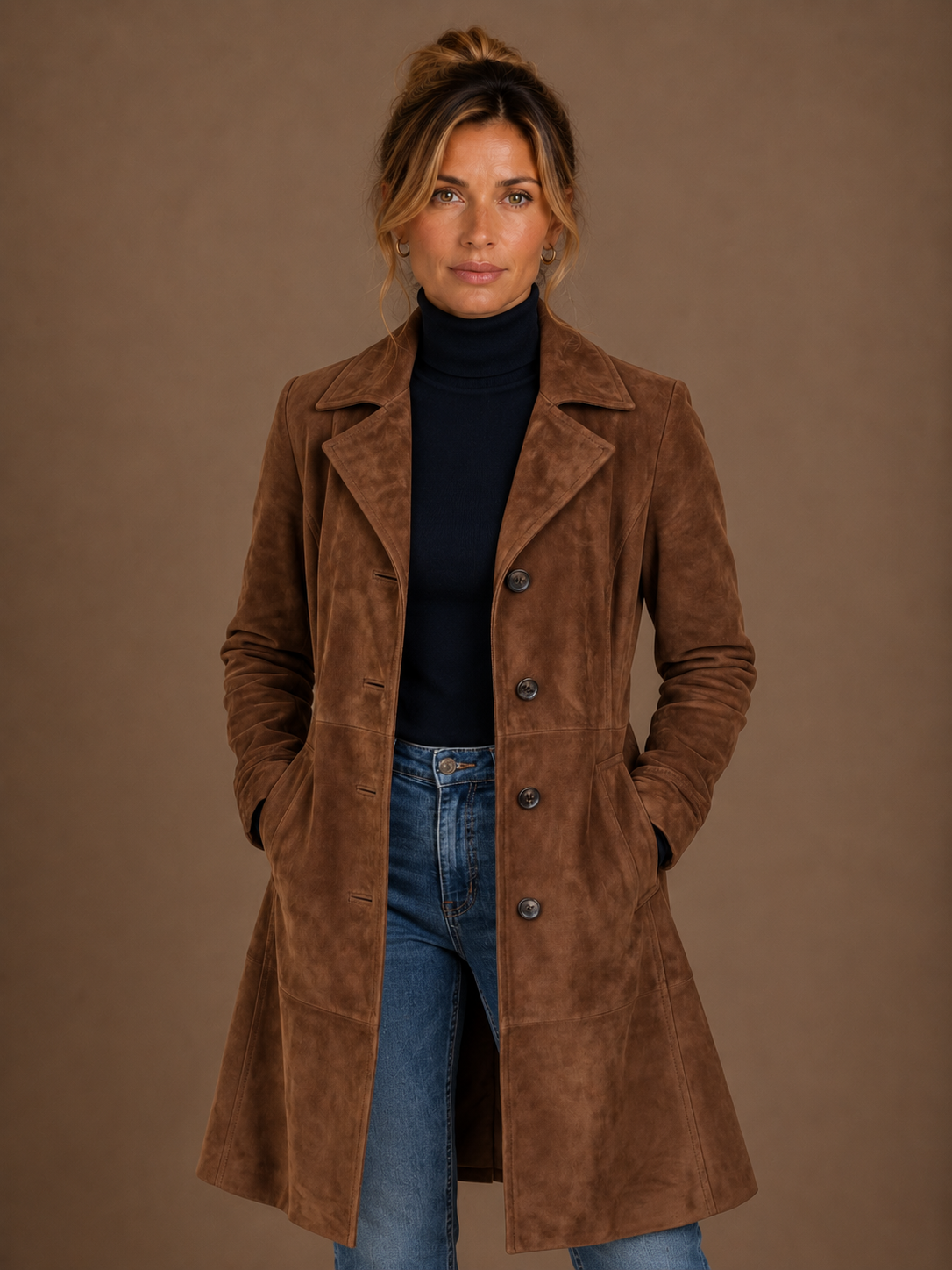 Women's Vintage Suede Longline Coat - Long Button Up Trench Jacket