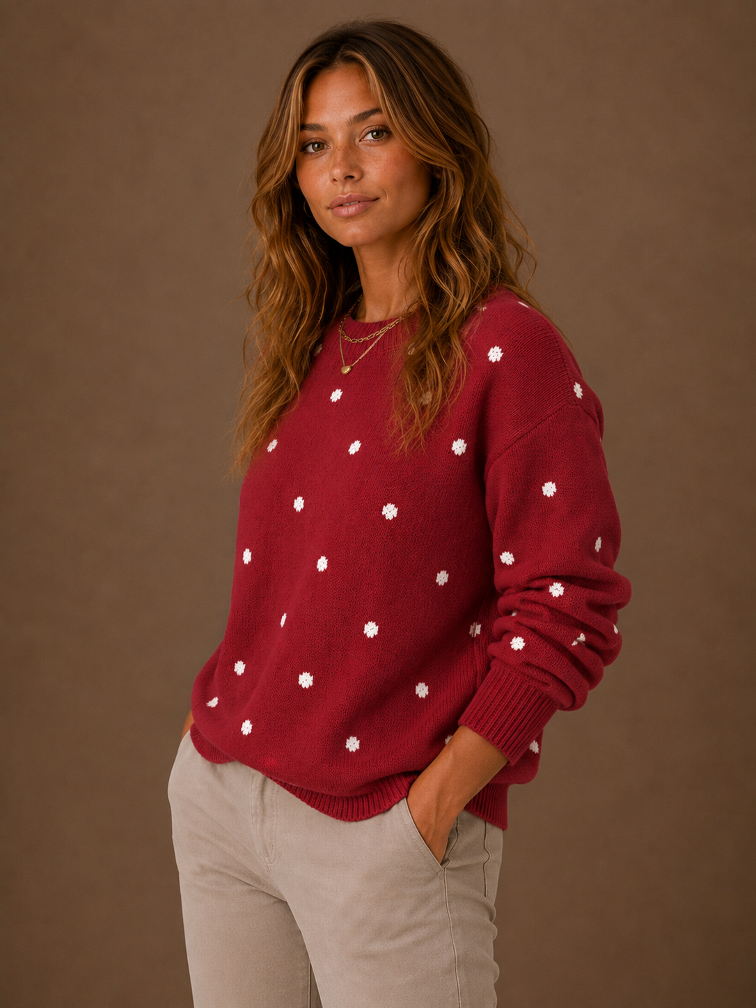 Women's Polka Dot Knit Sweater - Crew Neck Spotty Jumper
