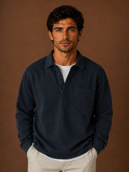 Men's Popover Shirt Cotton Linen Blend Half Button Chest Pocket Relaxed