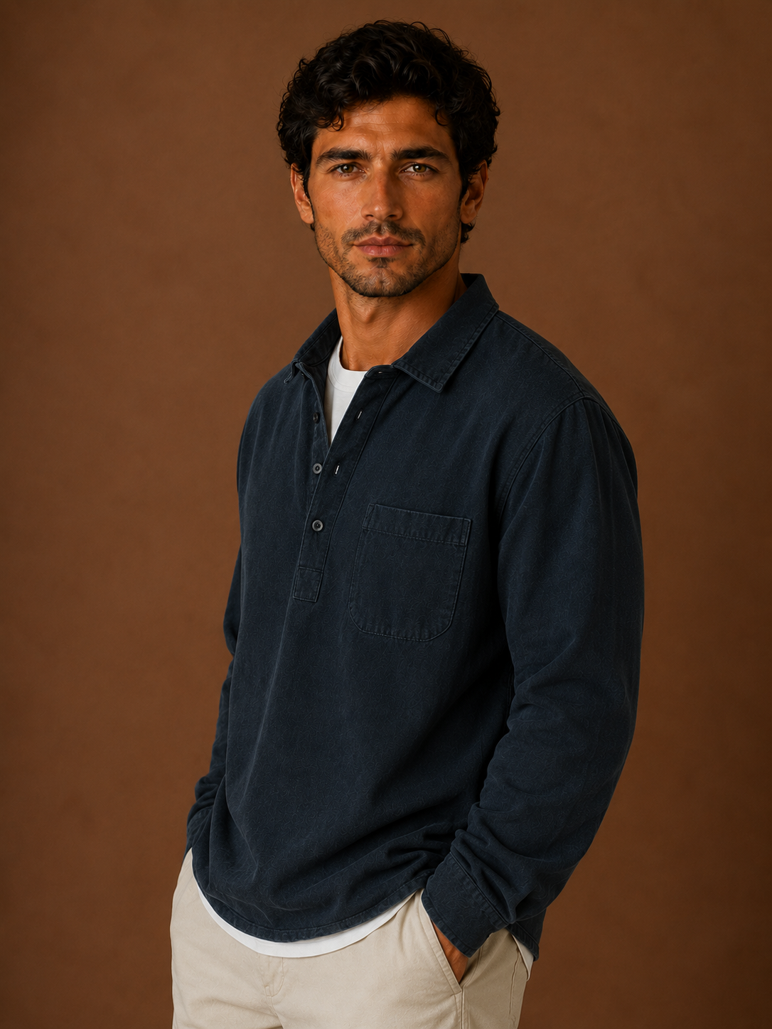 Men's Popover Shirt Cotton Linen Blend Half Button Chest Pocket Relaxed