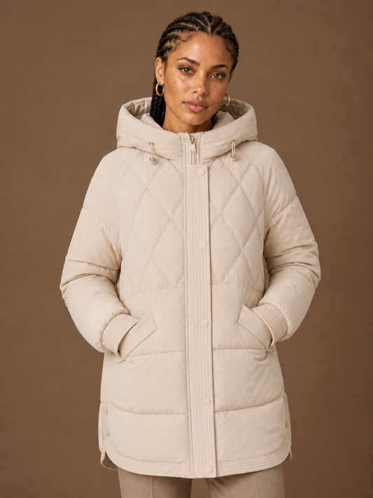 Women's Longline Puffer Jacket - Hooded Diamond Quilting Insulated Winter Coat - Apricot