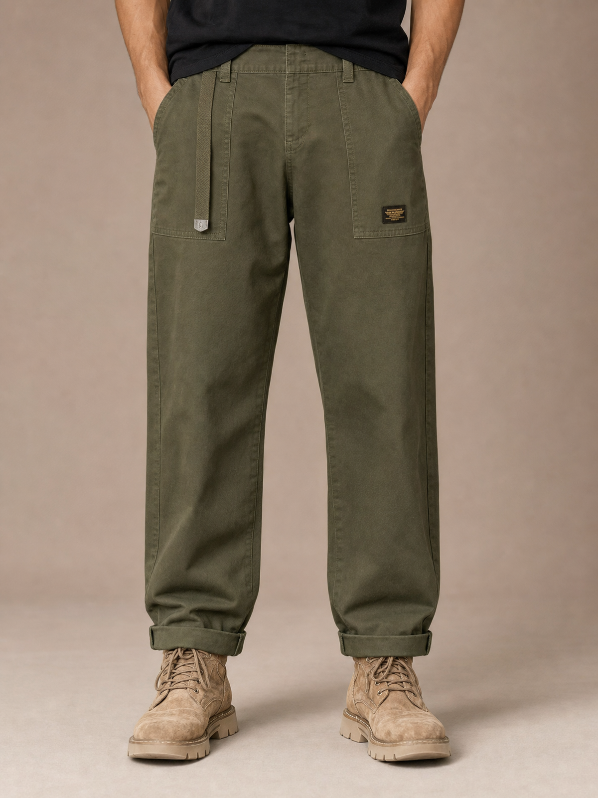 Men's Wide-Leg Cargo Trousers with Pleated Waist and Flap Pockets - Army Green