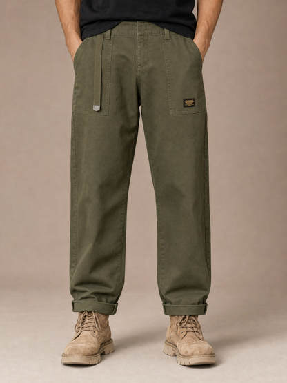 Men's Wide-Leg Cargo Trousers with Pleated Waist and Flap Pockets - Army Green