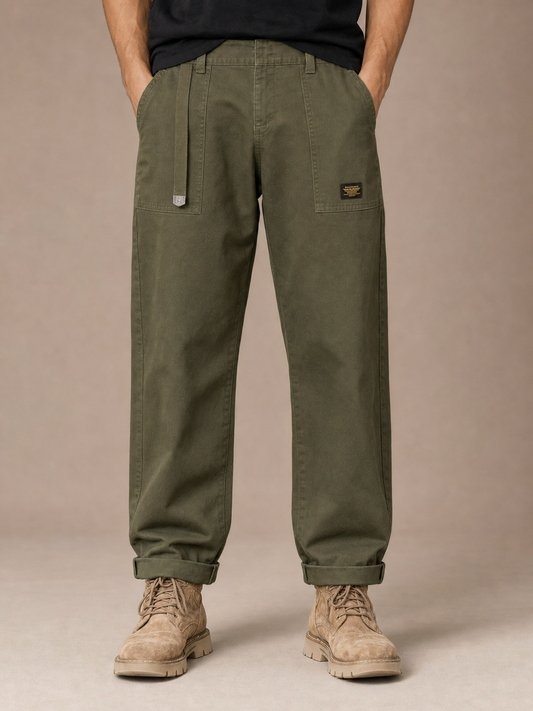 Men's Wide-Leg Cargo Trousers with Pleated Waist and Flap Pockets - Army Green