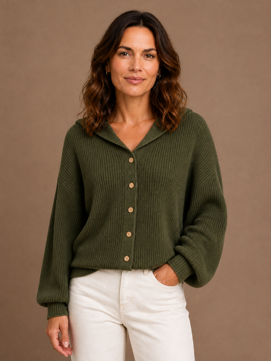 Women's Ribbed Hooded Cardigan with Button Front and Long Sleeves - Army Green