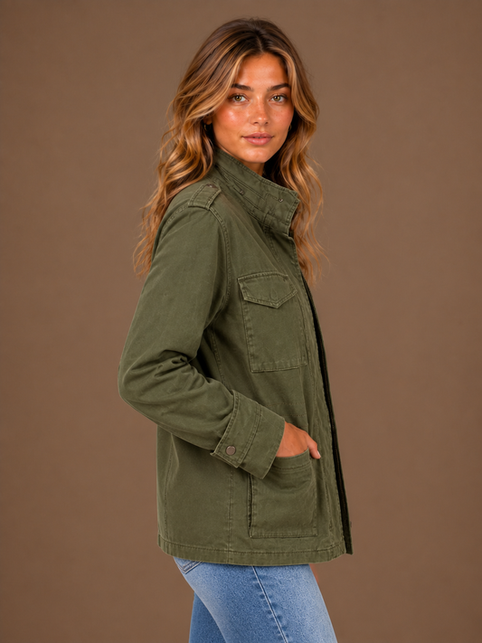 Women's Utility Jacket with Zip & Cargo Pockets - Army Green - Side View [AI-OPT:daa3cbed-c266-4566-ba29-54cd529e1010]