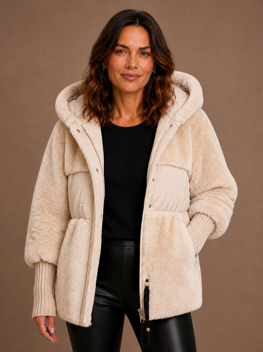 Women's Plush Hooded Winter Coat with Faux Fur Panels and Quilted Detail - Beige