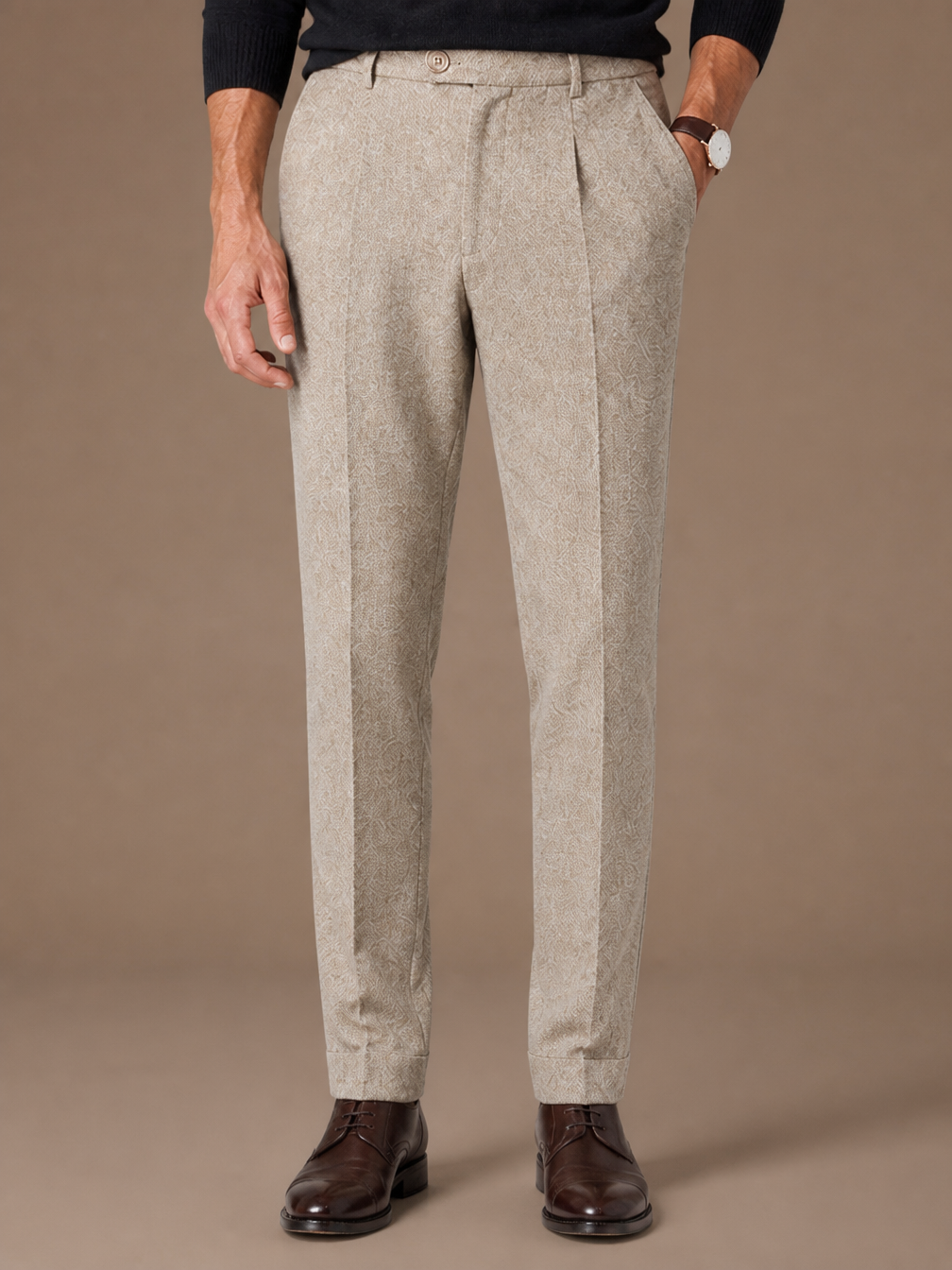 Men’s Tailored Fit Wool Trousers - Slim Fit Knit Pants for Casual Wear and Office - Beige