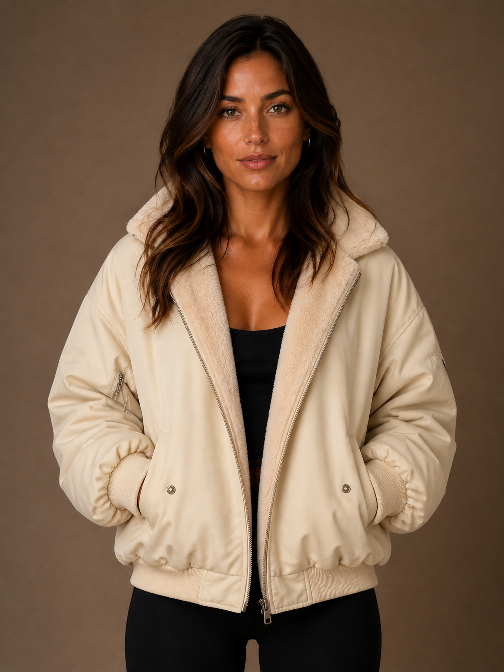 Women's Oversized Hooded Puffer Jacket with Plush Trim Stand Collar, Zip Front and Pockets - Beige