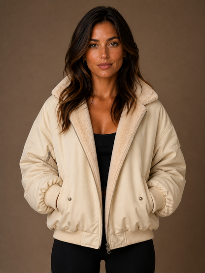 Women's Oversized Hooded Puffer Jacket with Plush Trim Stand Collar, Zip Front and Pockets - Beige