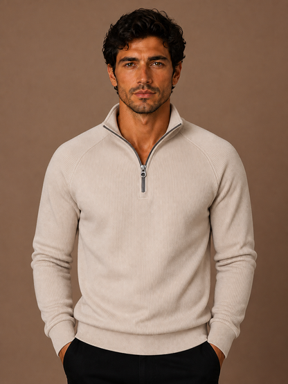 Men's Quarter-Zip Fleece Sweatshirt with Stand Collar- Ribbed Texture Zipper Jumper - Beige