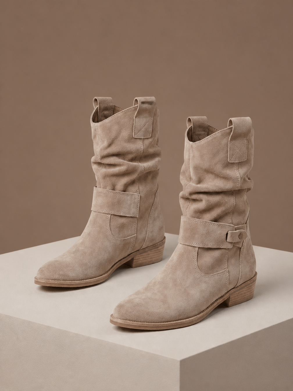 Women's Suede-Effect Slouch Mid-Calf Boots with Low Block Heel and Side Zip - Beige
