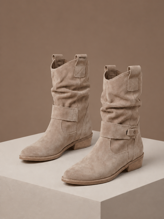 Women's Suede-Effect Slouch Mid-Calf Boots with Low Block Heel and Side Zip - Beige