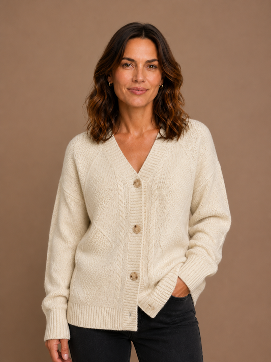 Women's Cashmere Cardigan, Chunky Cable Knit V-Neck Button-Front Long Sleeve Relaxed Fit - Beige