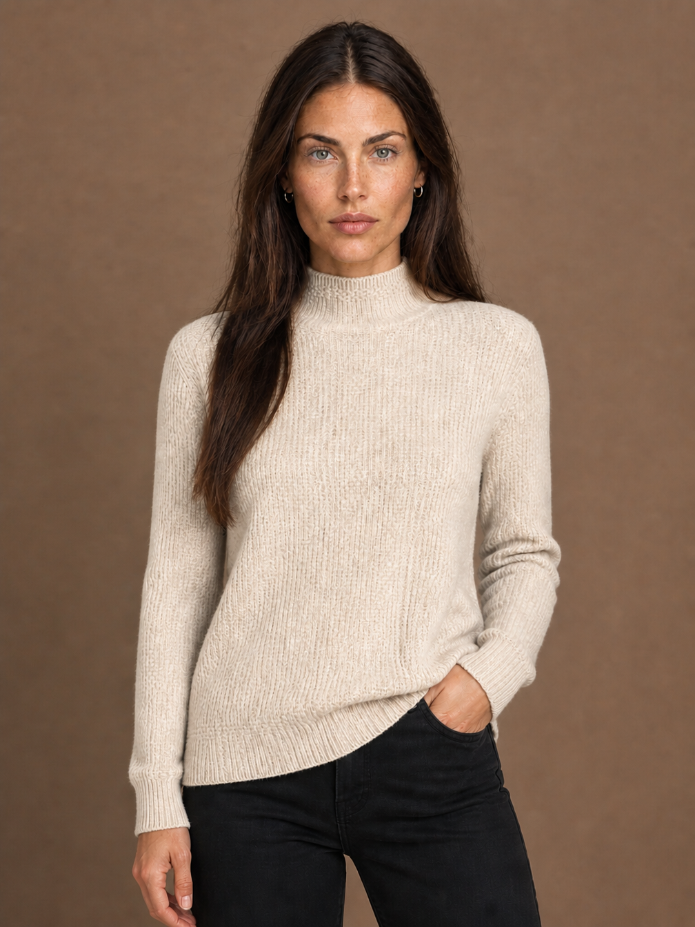 Women's Textured Mock Neck Wool Blend Jumper with Slim Fit and Ribbed Pattern - Beige