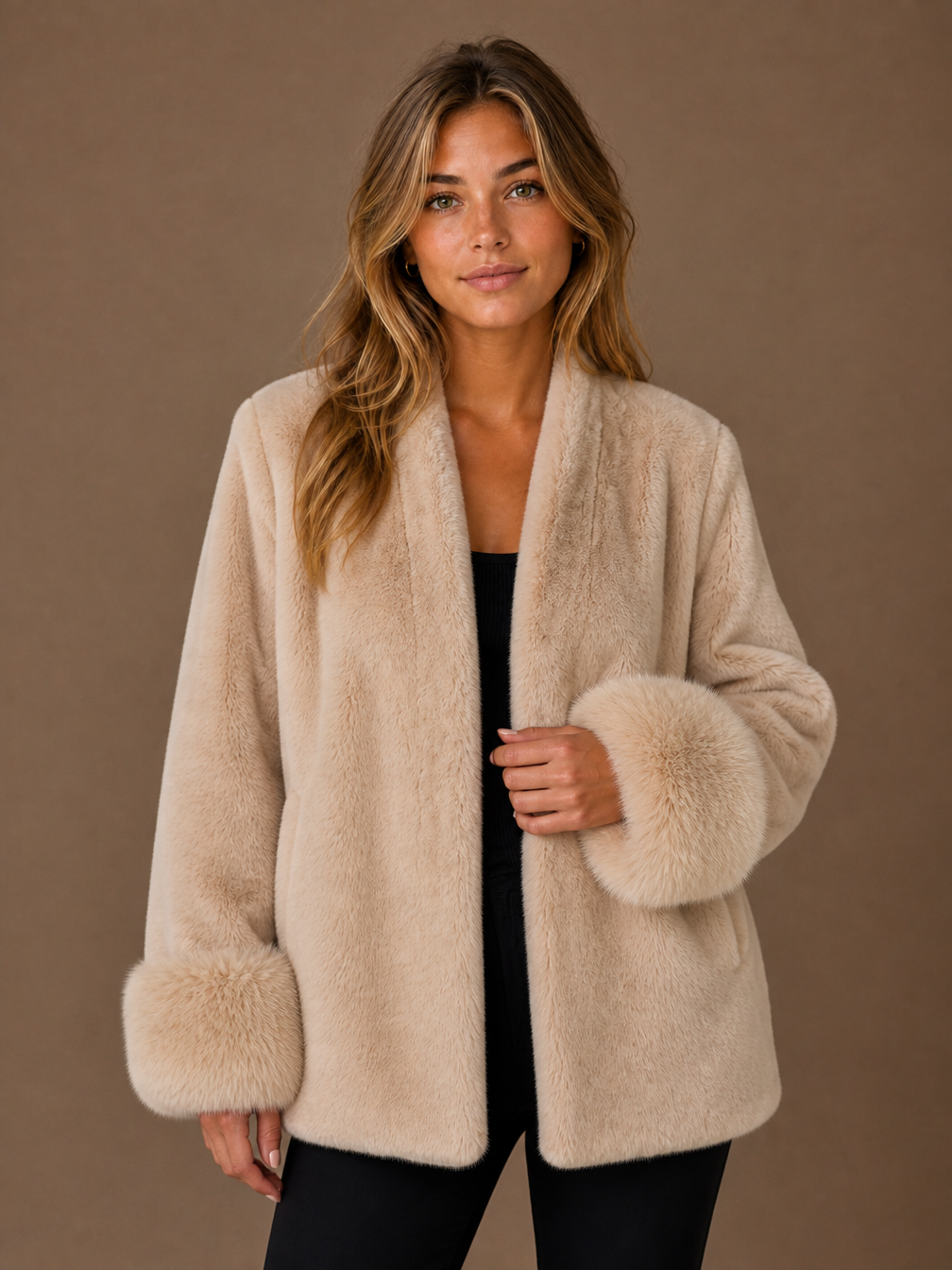 Women's Faux Suede Jacket with Faux Fur Cuffs Relaxed Fit Beige - Beige