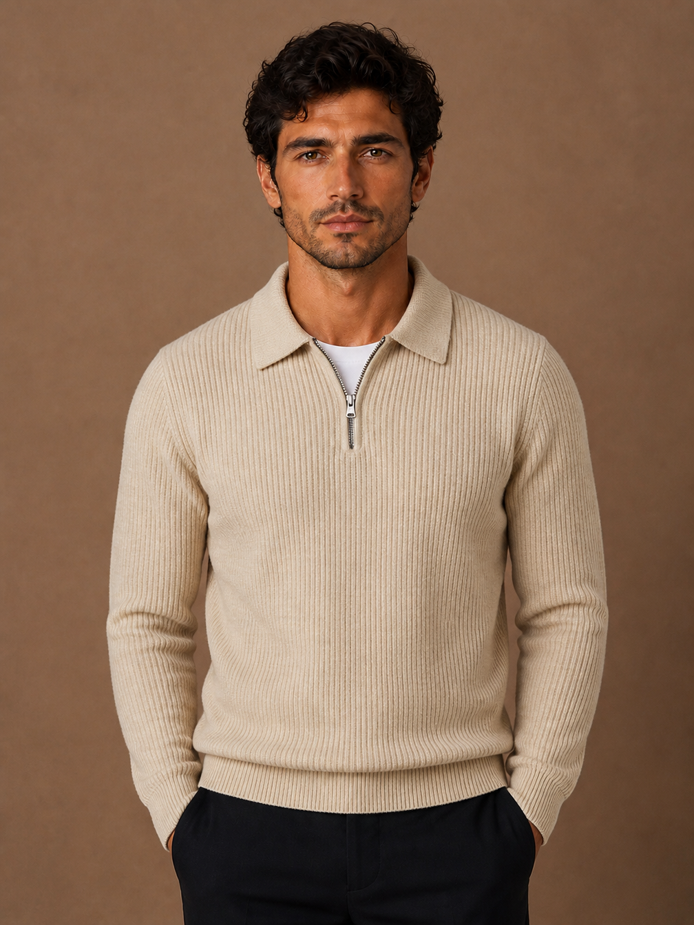 Men's Quarter-Zip Waffle Knit Sweater Fitted Stand Collar Jumper - BEIGE