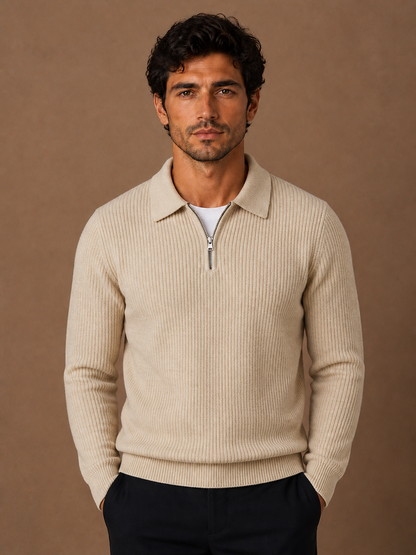 Men's Quarter-Zip Waffle Knit Sweater Fitted Stand Collar Jumper - BEIGE