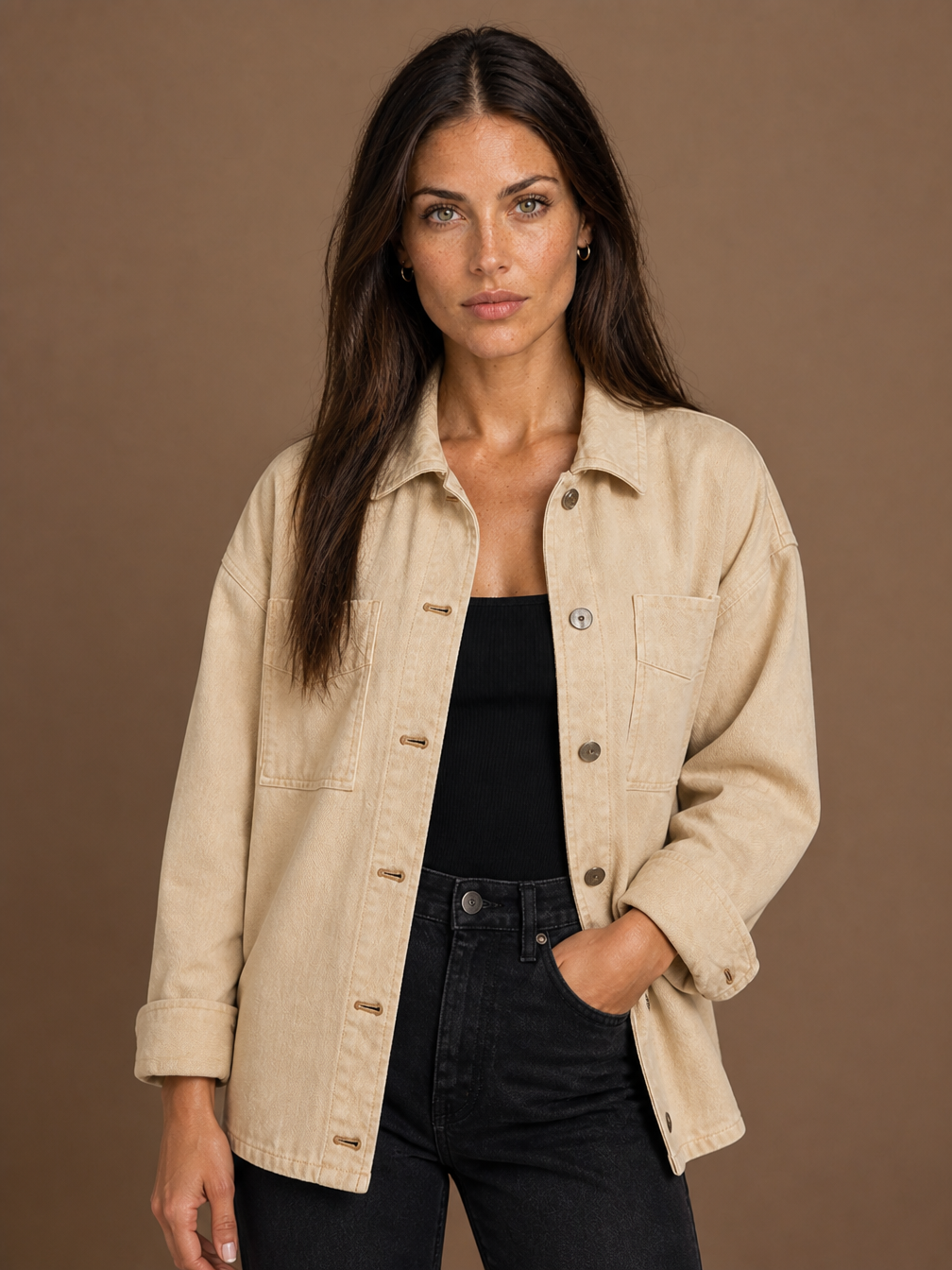 Women's Oversized Washed Denim Jacket with Button Front and Chest Pockets - Beige