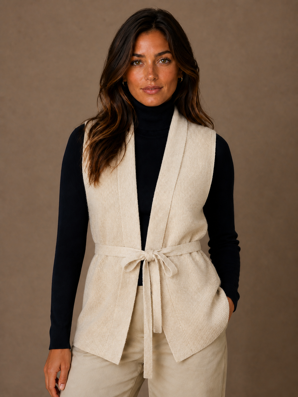 Women's Wool Cashmere Cardigen - Waistcoat Knit Layering Vest with Tie Belt - Beige