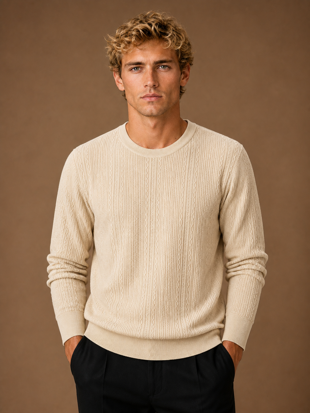 Men's Cable Knit Crew Neck Sweater, Regular Fit Textured Pullover - Beige