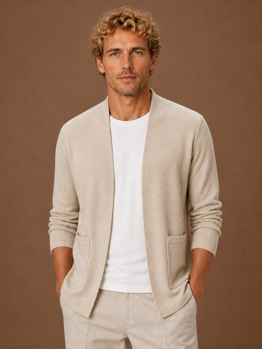 Men's Open Front Longline Knit Cardigan for Layering - Beige