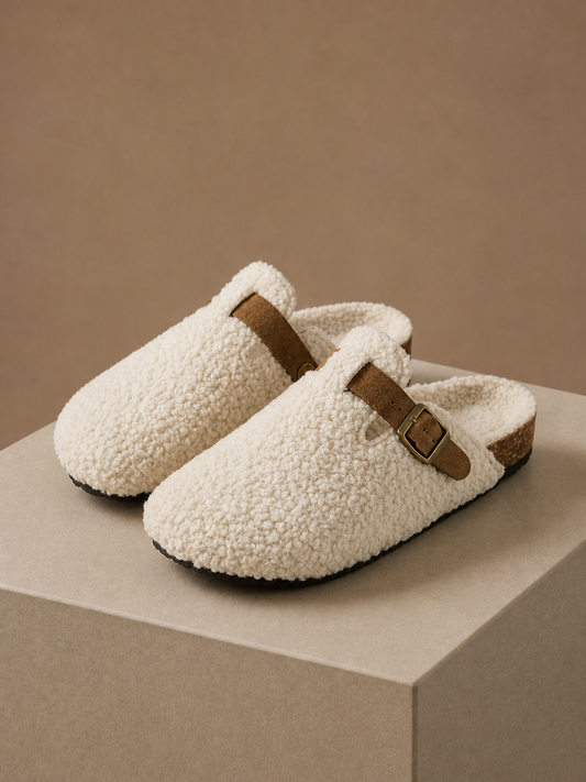 Sheepskin Mule Slippers with Warm Lining and Non-Slip Rubber Sole - Beige